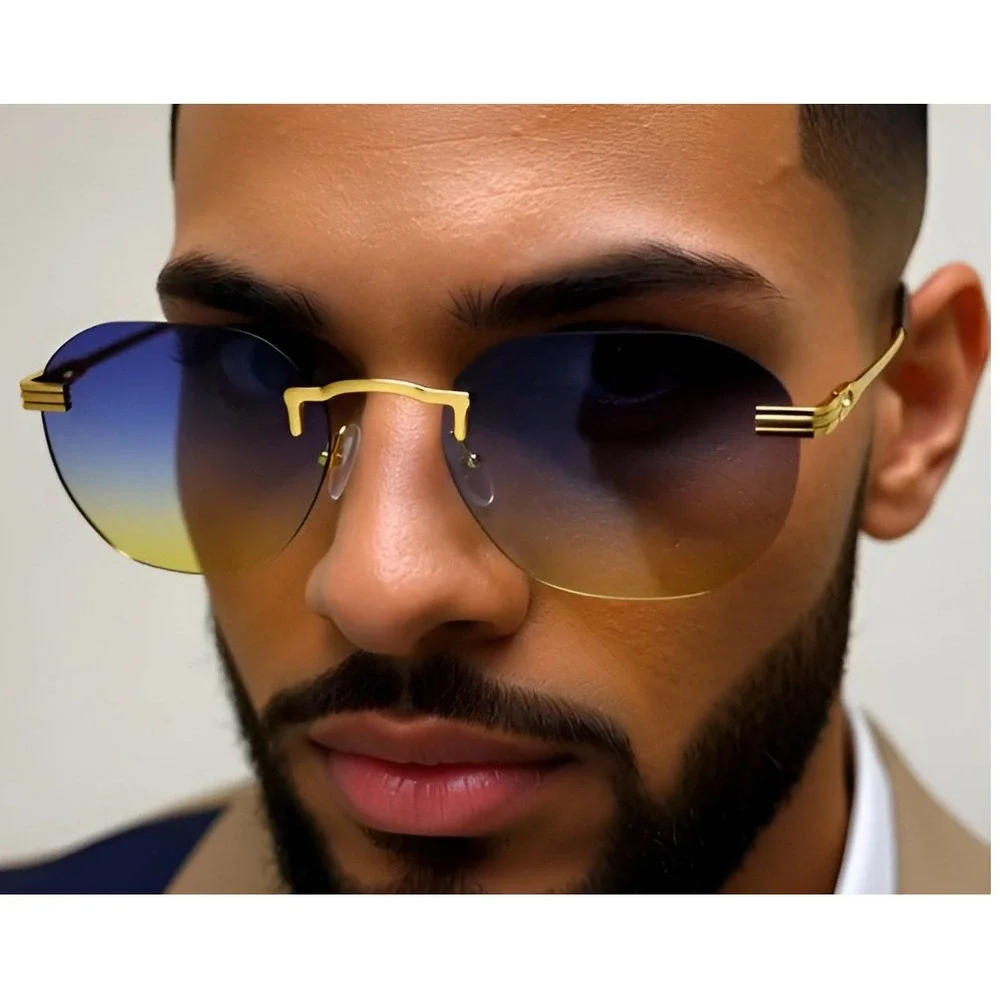 Rimless Sunglasses Blue Yellow‎ Gradient Lens Gold Frame Fashion Shades Lentes